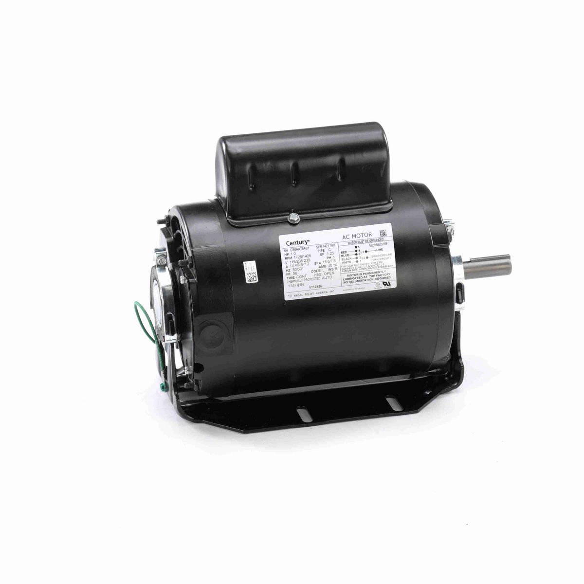 Century Refrigeration Motor, 1.0 HP, 1 Ph, 60 Hz, 115/208-230 V, 1800 RPM, 56 Frame, OPEN - V1104BL