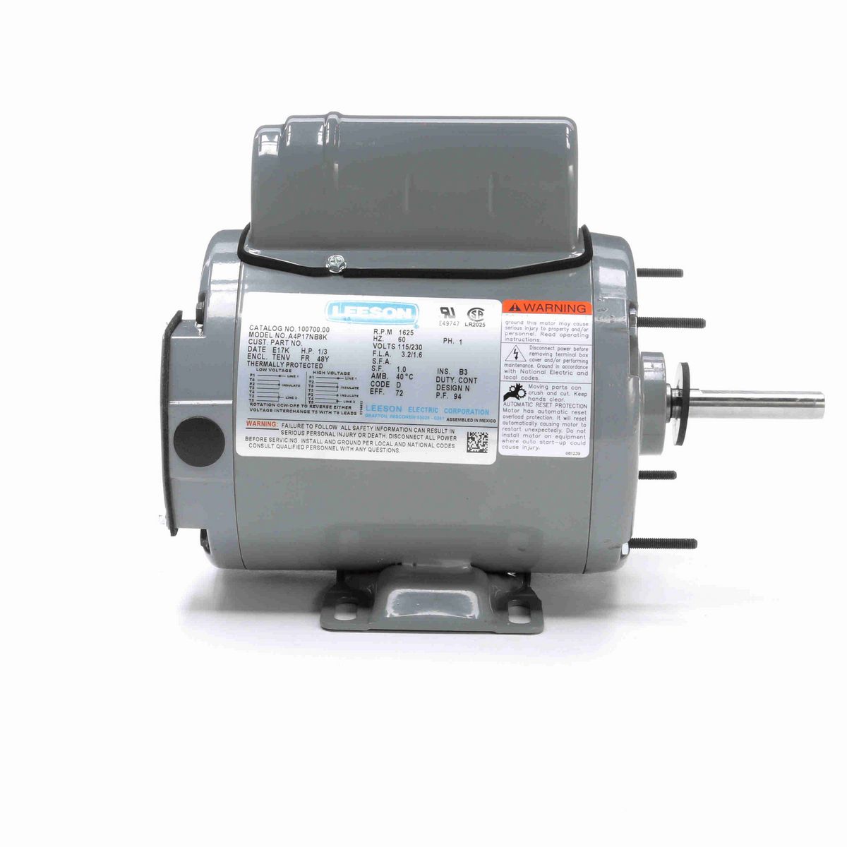 LEESON Agricultural Motor, 0.33 HP, 1 Ph, 60 Hz, 115/230 V, 1800 RPM, 48Y Frame, TENV - 100700.00