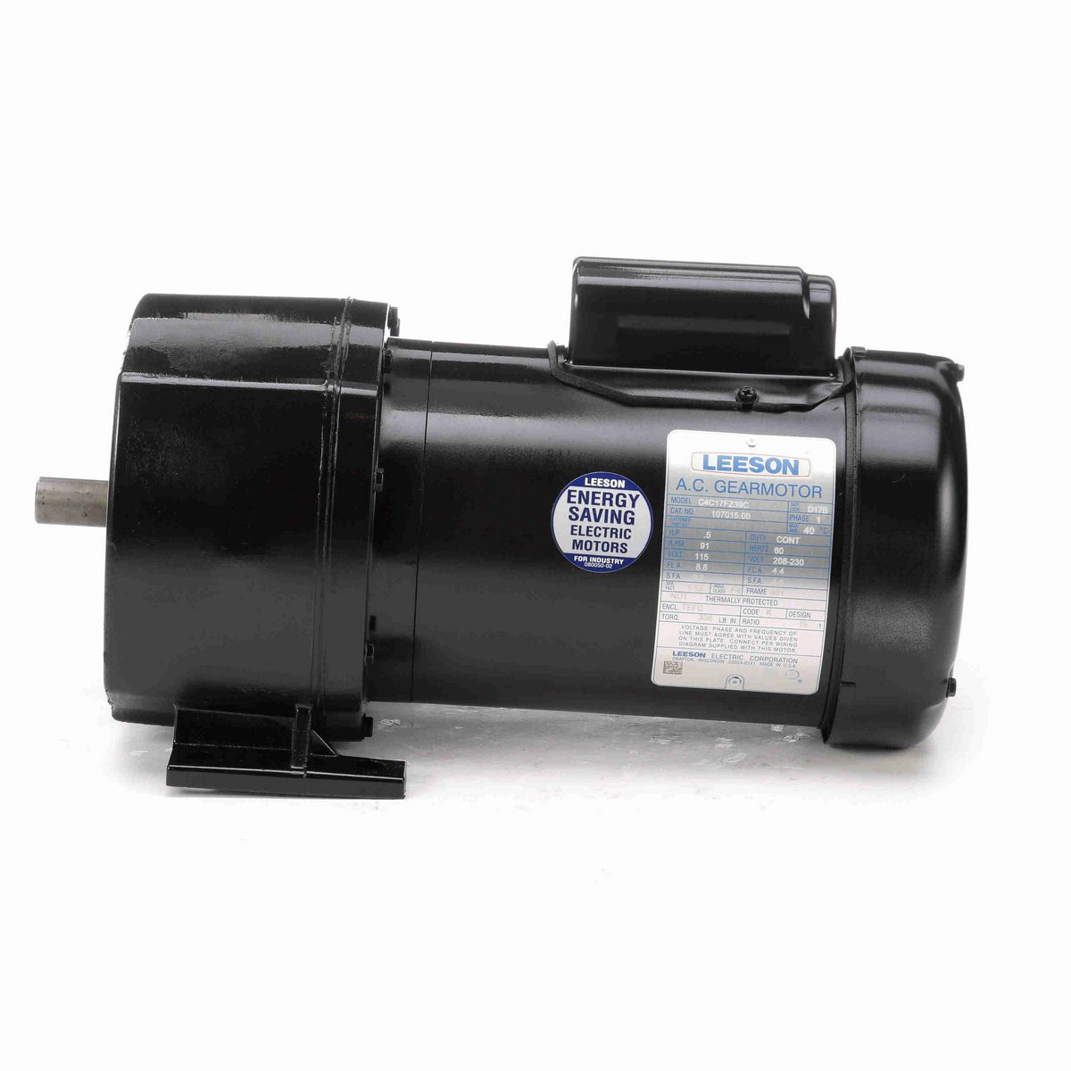 LEESON Parallel Shaft Gearmotor, 0.50 HP, 1 Ph, 60 Hz, 115/208-230 V, 91 RPM, 48Y Frame, TEFC - 107015.00