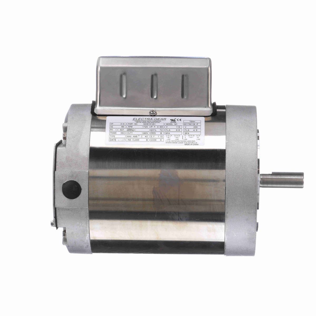 LEESON Boat Hoist Duty Motor, 0.75 HP, 1 Ph, 60 Hz, 115/230 V, 1800 RPM, 56C Frame, TENV - 6439191261