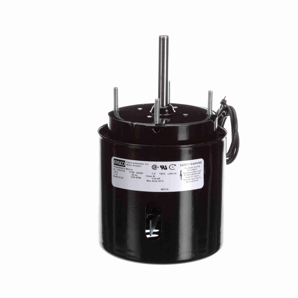 FASCO Fan and Blower Motor, 1/20 HP, 1 Ph, 60 Hz, 115 V, 1500 RPM, 1 Speed, 3.3" Diameter, TEFC - D134