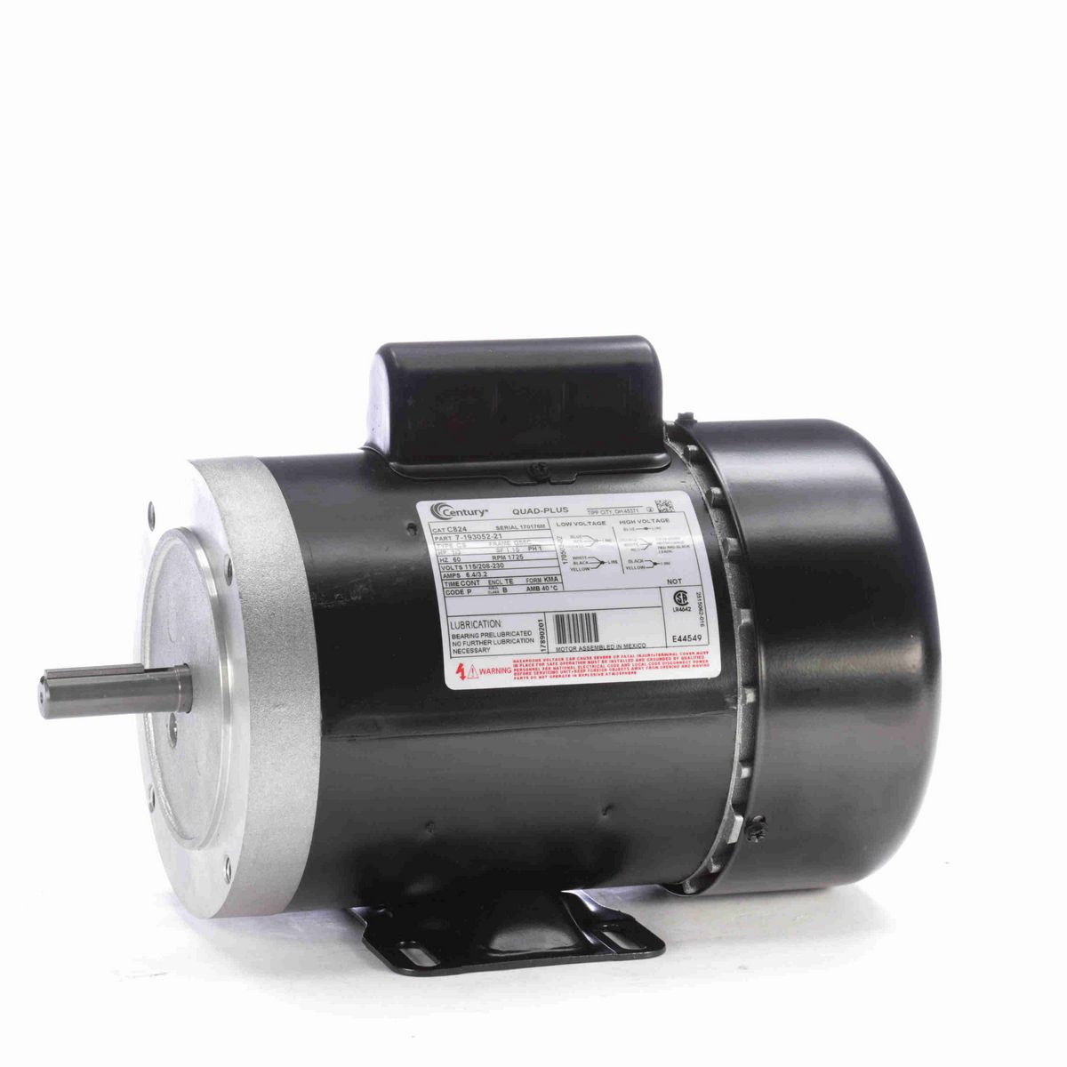 Century General Purpose Motor, 1/3 HP, 1 Ph, 60 Hz, 115/208-230 V, 1800 RPM, G56C Frame, TEFC - C824