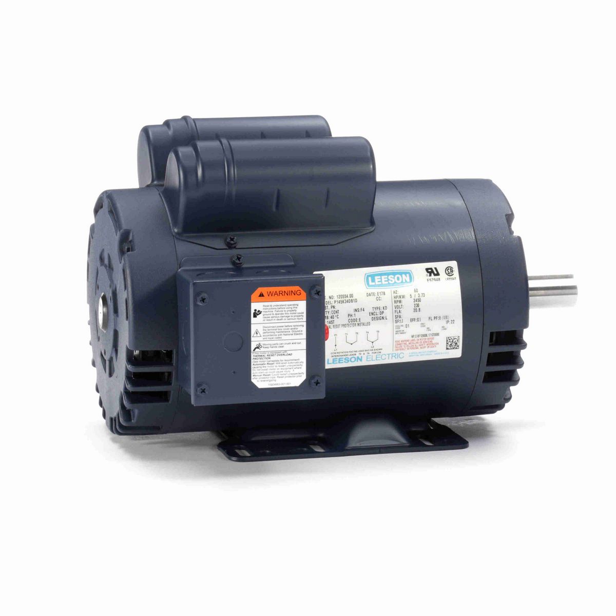 LEESON Air Compressor Motor, 5 HP, 1 Ph, 60 Hz, 230 V, 3600 RPM, 145T Frame, DP - 120554.00