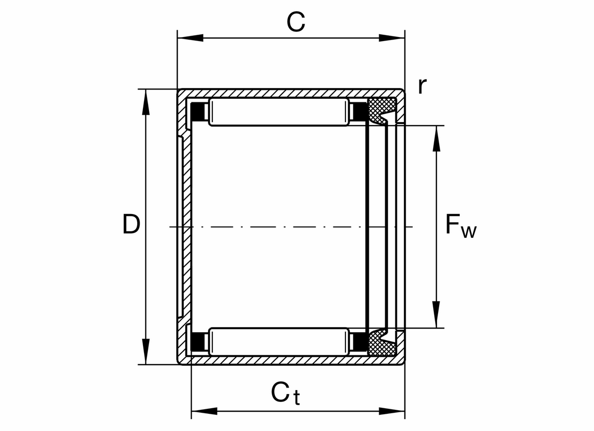 Игольчатый роликоподшипник с одним наружным штампованным кольцом, закрытым с одной стороны INA BK2518-RS