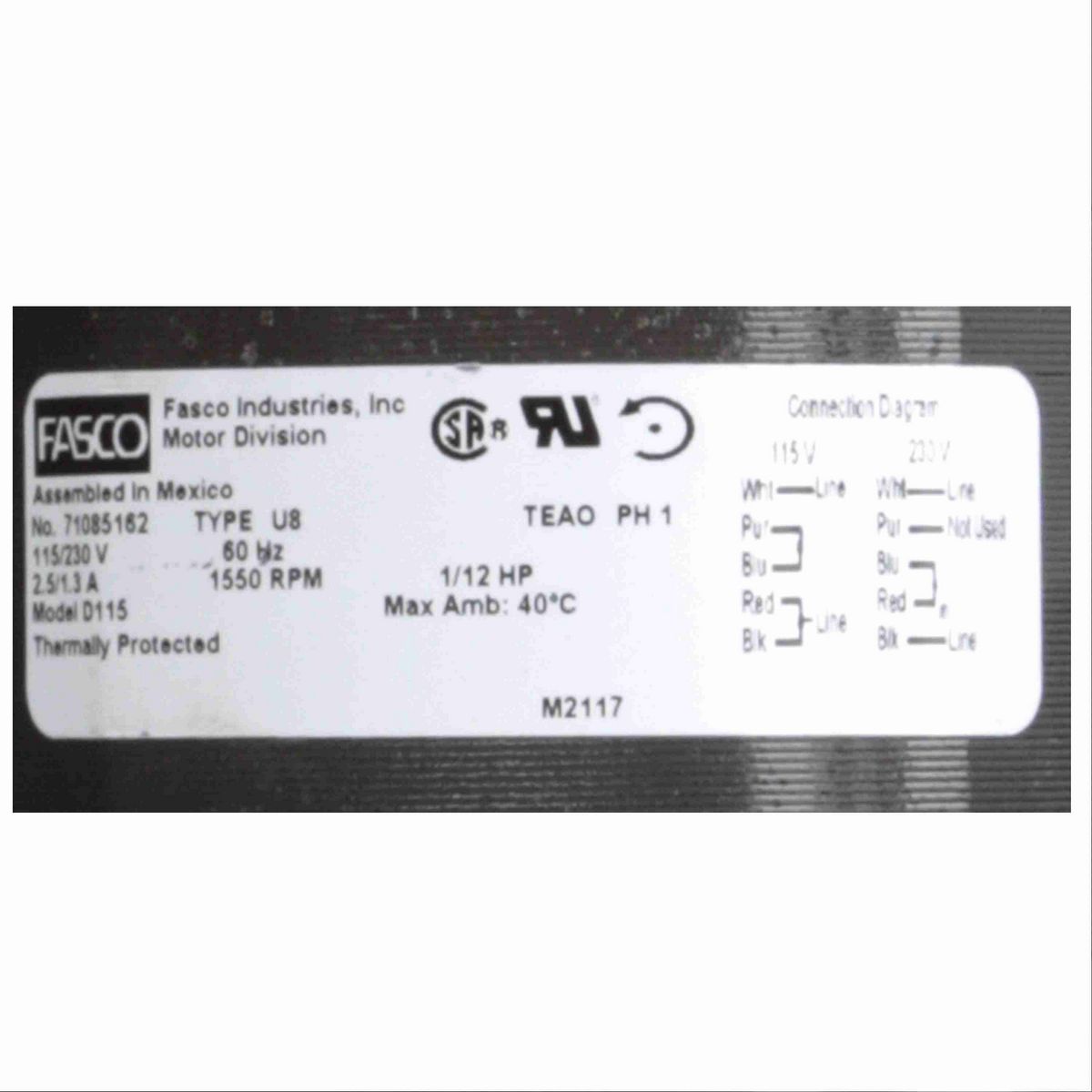 FASCO OEM Replacement Motor, 1/12 HP, 1 Ph, 60 Hz, 115/230 V, 1550 RPM, 1 Speed, 4.4" Diameter, TEAO - D115