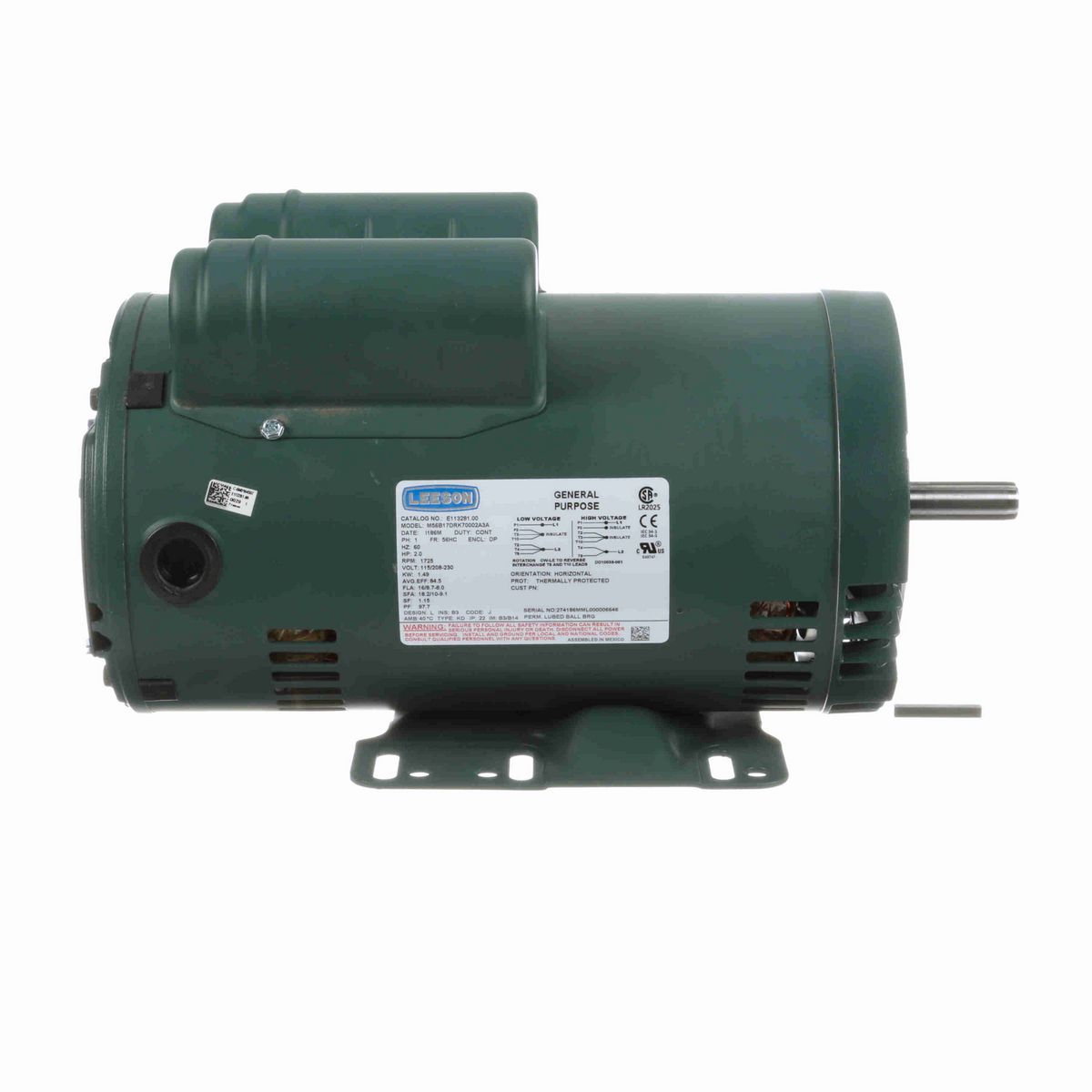 LEESON ecoSaver™ General Purpose Motor, 2 HP, 1 Ph, 60 Hz, 115/208-230 V, 1800 RPM, 56HC Frame, DP - E113281.00