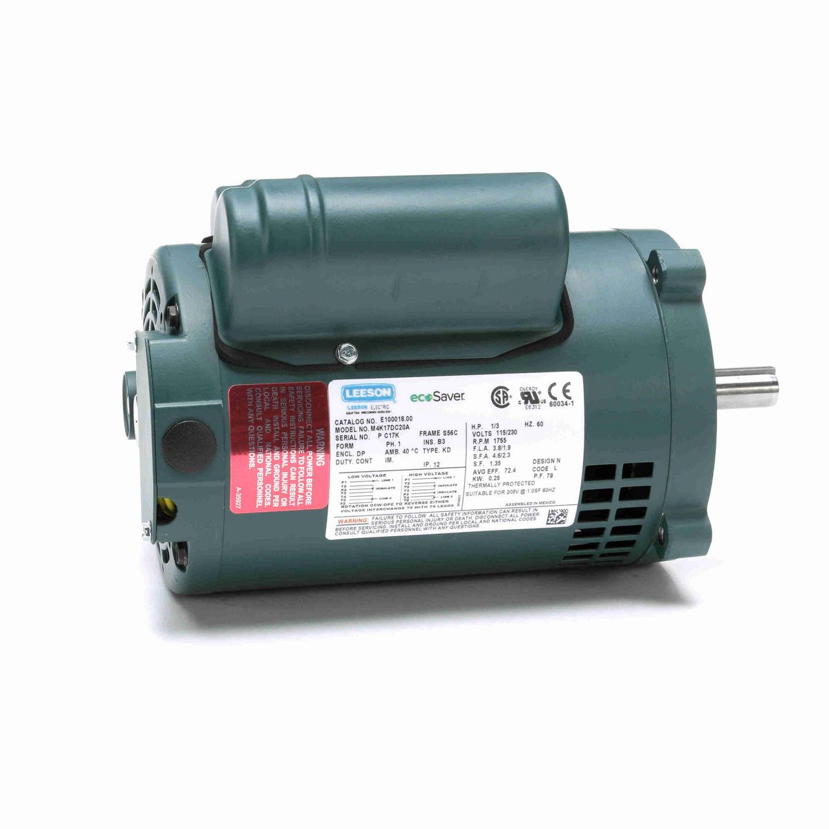 LEESON ecoSaver™ General Purpose Motor, 0.33 HP, 1 Ph, 60 Hz, 115/230 V, 1800 RPM, S56C Frame, DP - E100018.00