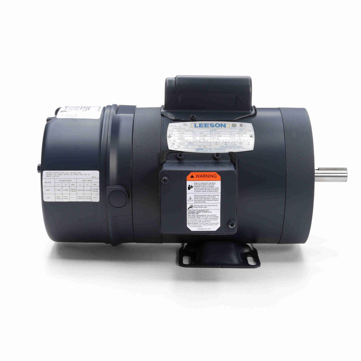 LEESON Brake Motor, 0.33 HP, 1 Ph, 60 Hz, 115/230 V, 1800 RPM, 56C Frame, TENV - 114165.00