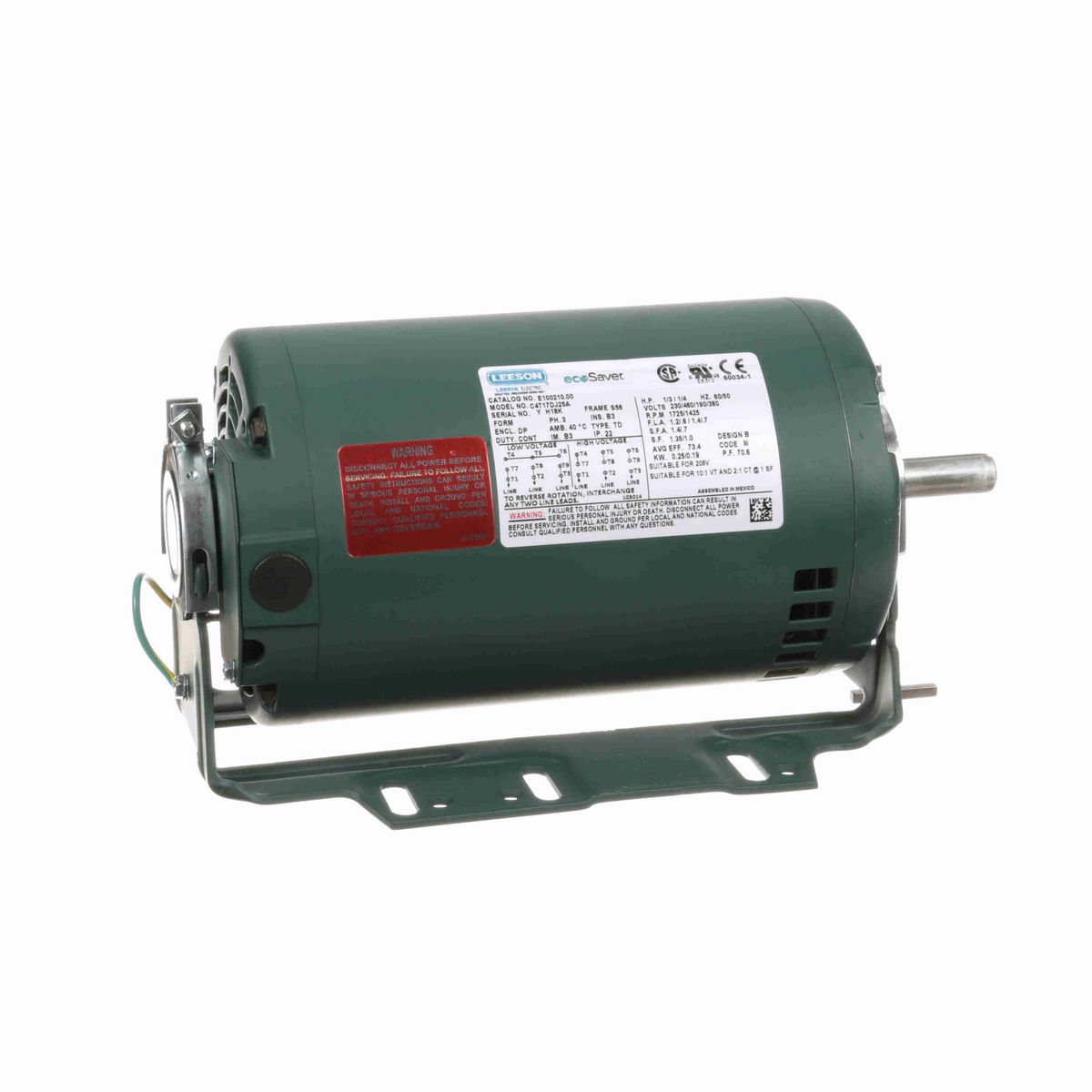 LEESON ecoSaver™ General Purpose Motor, 0.33 & 0.25 HP, 3 Ph, 60 & 50 Hz, 230/460 & 190/380 V, 1800 & 1500 RPM, S56 Frame, DP - E100210.00