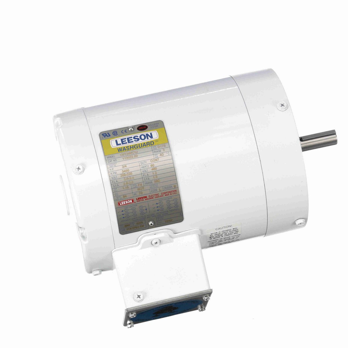 LEESON White Duck™ General Purpose Motor, 0.75 HP, 3 Ph, 60 Hz, 230/460 V, 3600 RPM, 56C Frame, TENV - 113022.00