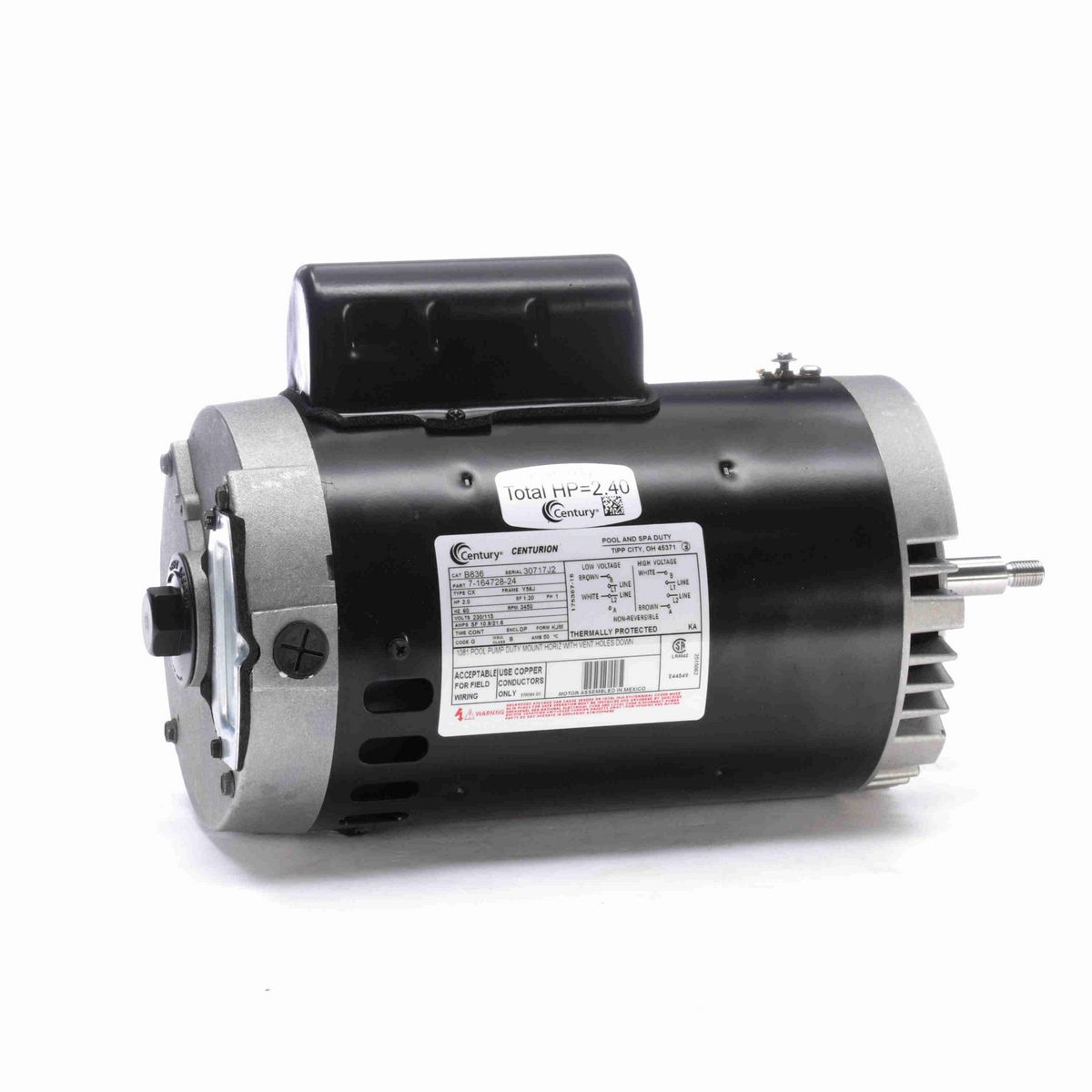 Century Pool Pump Motor, 2.0 HP, 1 Ph, 60 Hz, 230/115 V, 3600 RPM, Y56J Frame, DP - B836