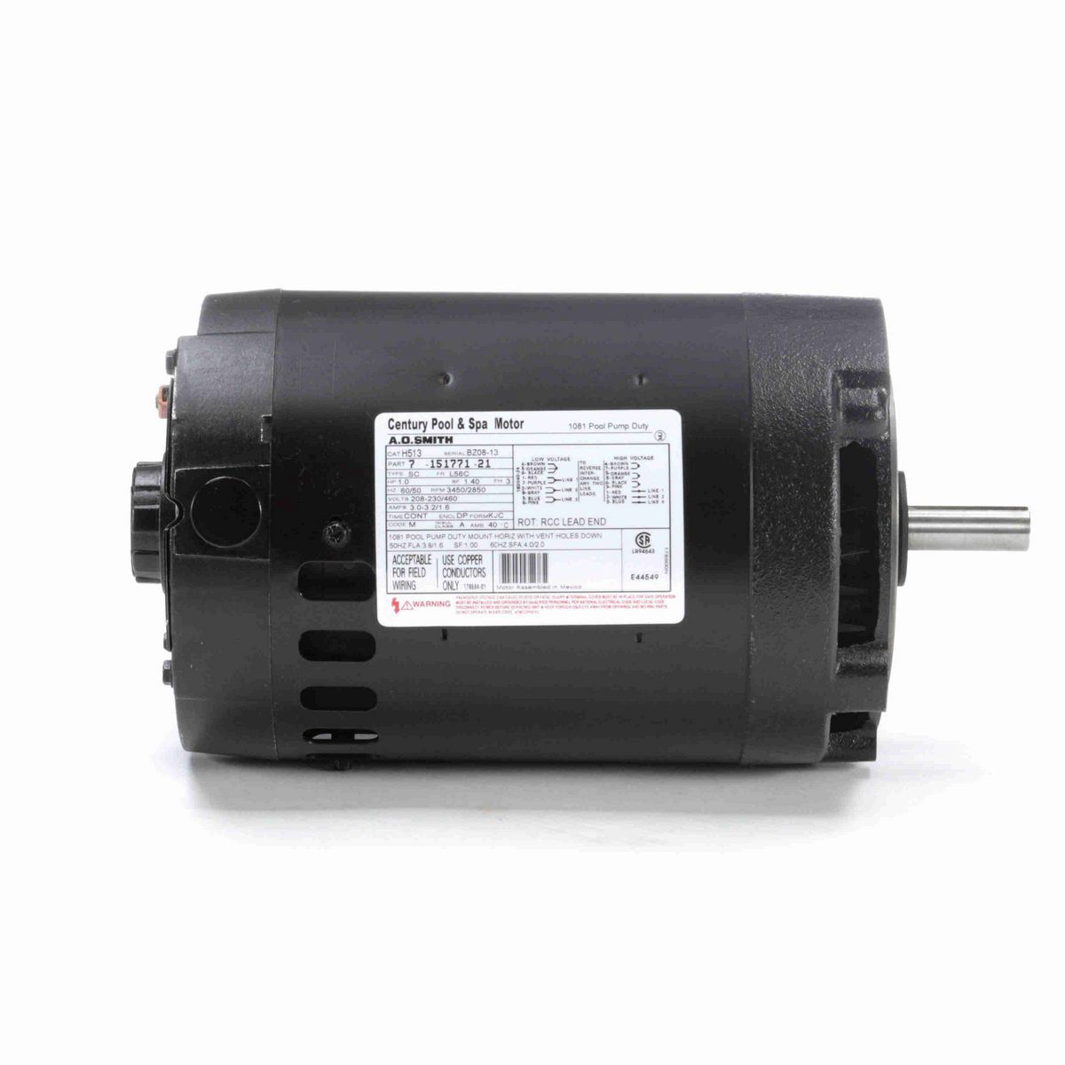 Century Pool Pump Motor, 1.0 HP, 3 Ph, 60 Hz, 208-230/460 V, 3600 RPM, L56C Frame, DP - H513