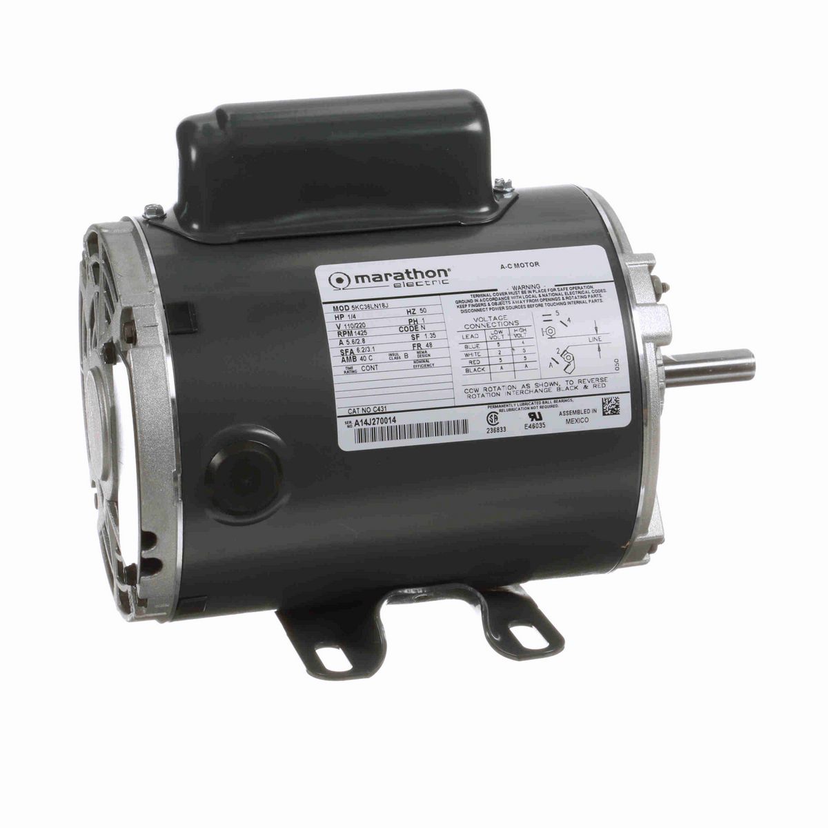 LEESON General Purpose Motor, 0.25 HP, 1 Ph, 50 Hz, 110/220 V, 1500 RPM, 48 Frame, DP - C431