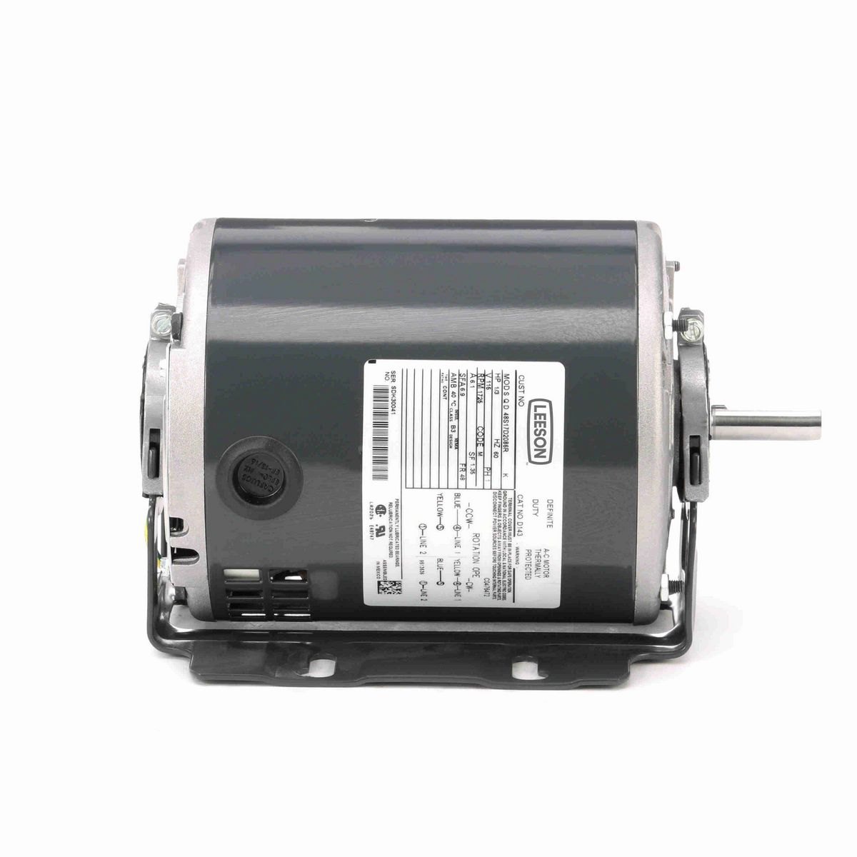 LEESON Fan and Blower Motor, 0.33 HP, 1 Ph, 60 Hz, 115 V, 1800 RPM, 48 Frame, DP - D143