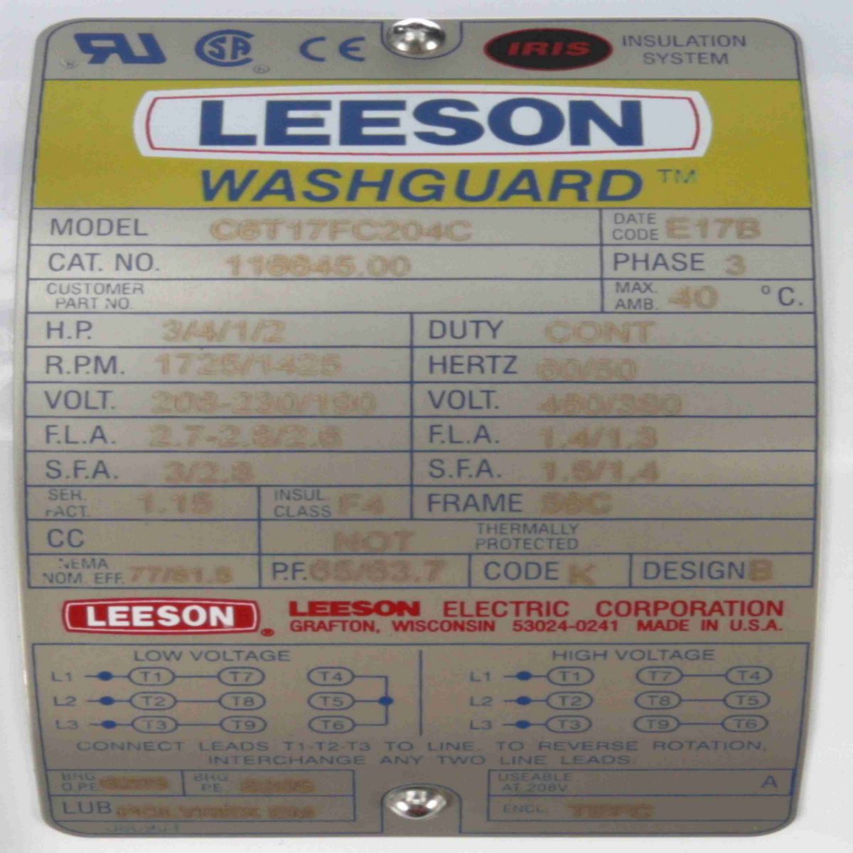 LEESON White Duck™ General Purpose Motor, 0.75 & 0.50 HP, 3 Ph, 60 & 50 Hz, 230/460 & 190/380 V, 1800 & 1500 RPM, 56C Frame, TEFC - 116645.00