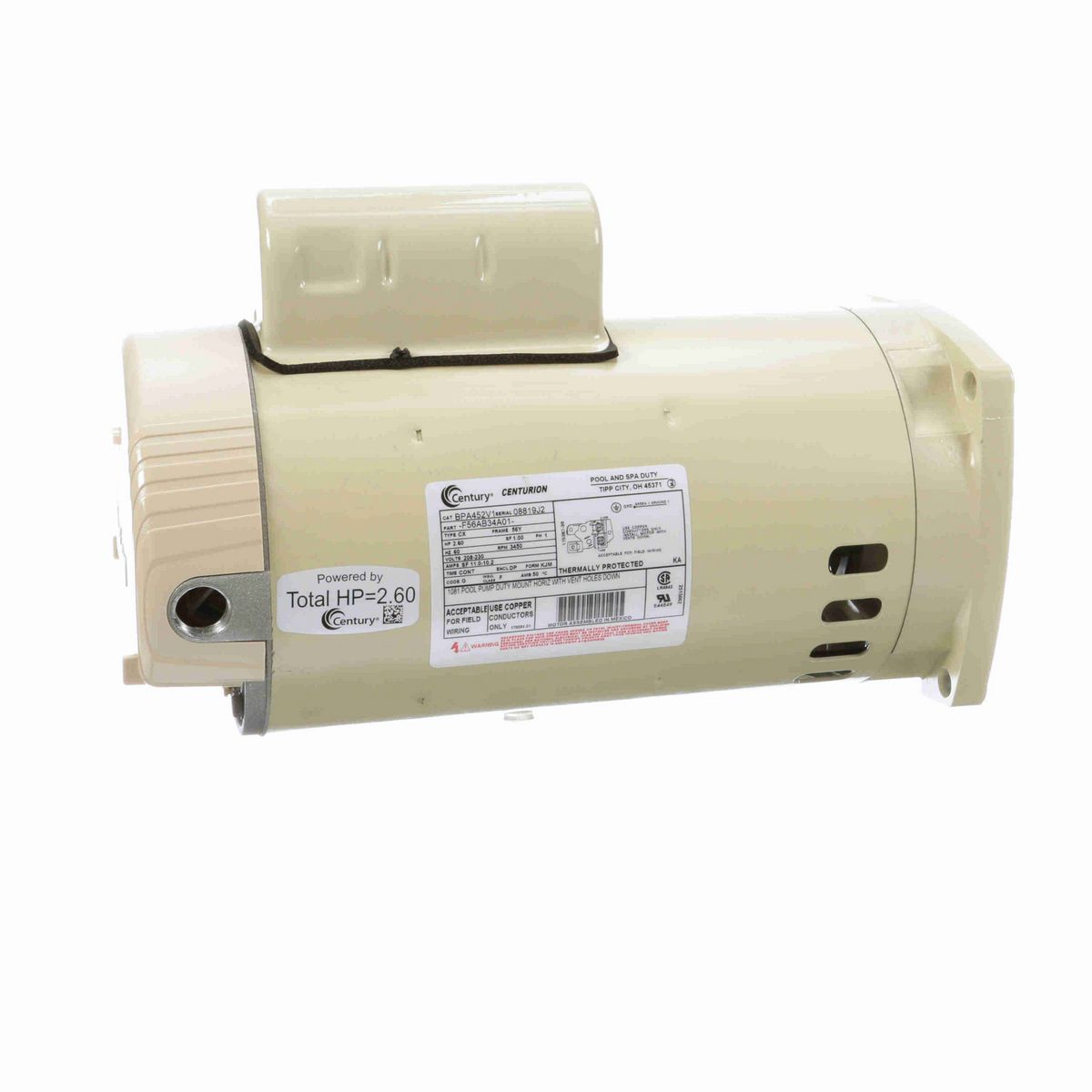 Century Pool Pump Motor, 2.60 HP, 1 Ph, 60 Hz, 208-230 V, 3600 RPM, 56Y Frame, DP - BPA452V1
