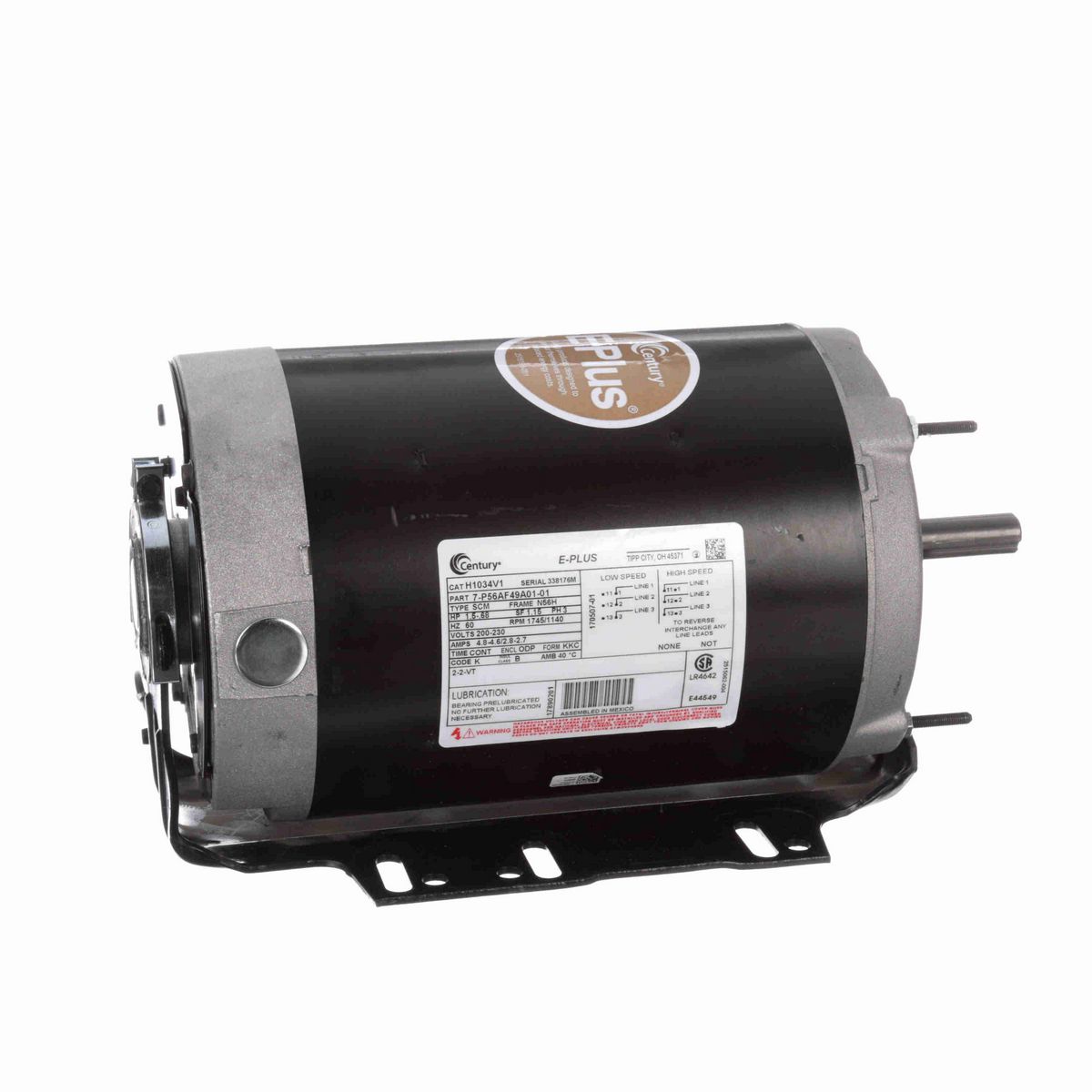Century General Purpose Motor, 1.5-.68 HP, 3 Ph, 60 Hz, 200-230 V, 1800 RPM, N56H Frame, ODP - H1034V1