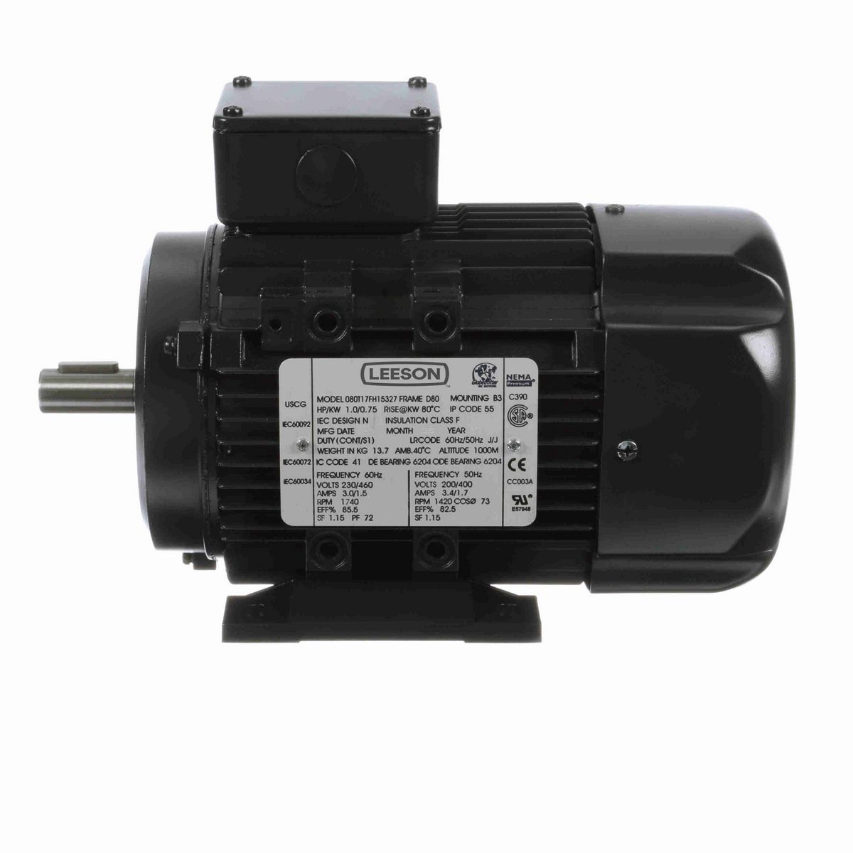 LEESON Aluminium Motor, 1 & 1 HP, 3 Ph, 60 & 50 Hz, 230/460 & 200/400 V, 1800 & 1500 RPM, 80 Frame, TEFC - R313A