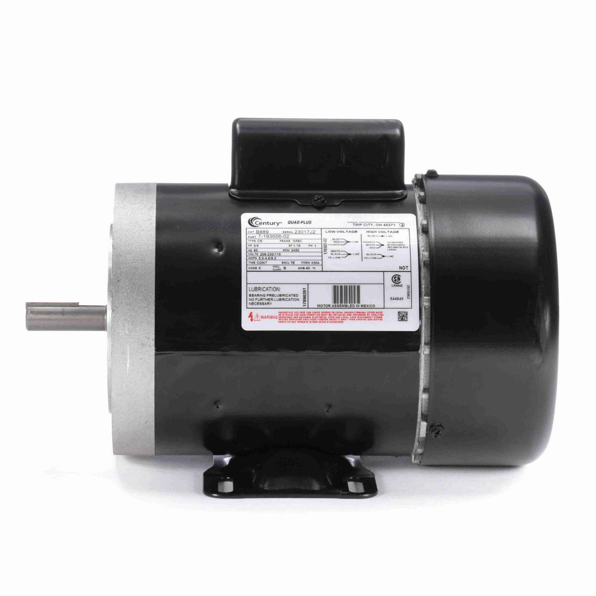 Century General Purpose Motor, 3/4 HP, 1 Ph, 60 Hz, 208-230/115 V, 3600 RPM, G56C Frame, TEFC - B889