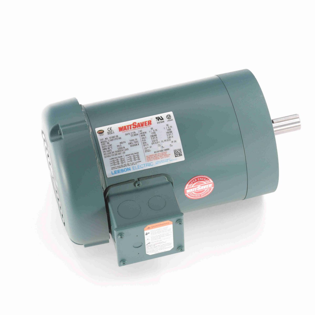 LEESON General Purpose Motor, 1 & 1 HP, 3 Ph, 60 & 50 Hz, 230/460 & 190/380 V, 1800 & 1500 RPM, 143TC Frame, TEFC - 121067.00