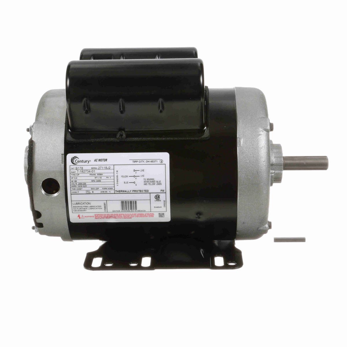 Century General Purpose Motor, 3.0 HP, 1 Ph, 60 Hz, 208-230 V, 3600 RPM, M56H Frame, DP - B178