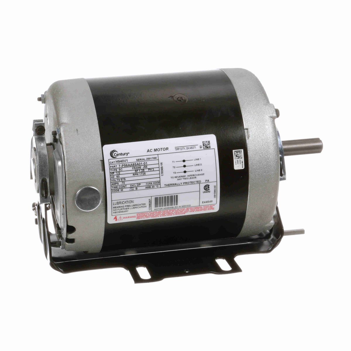 Century General Purpose Motor, 1/2 HP, 3 Ph, 60 Hz, 575 V, 1800 RPM, J56 Frame, DP - H940V1