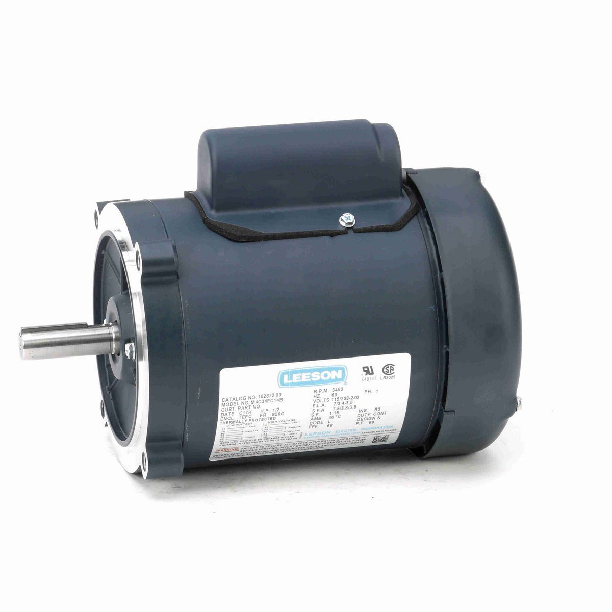 LEESON General Purpose Motor, 0.50 HP, 1 Ph, 60 Hz, 115/230 V, 3600 RPM, S56C Frame, TEFC - 102872.00