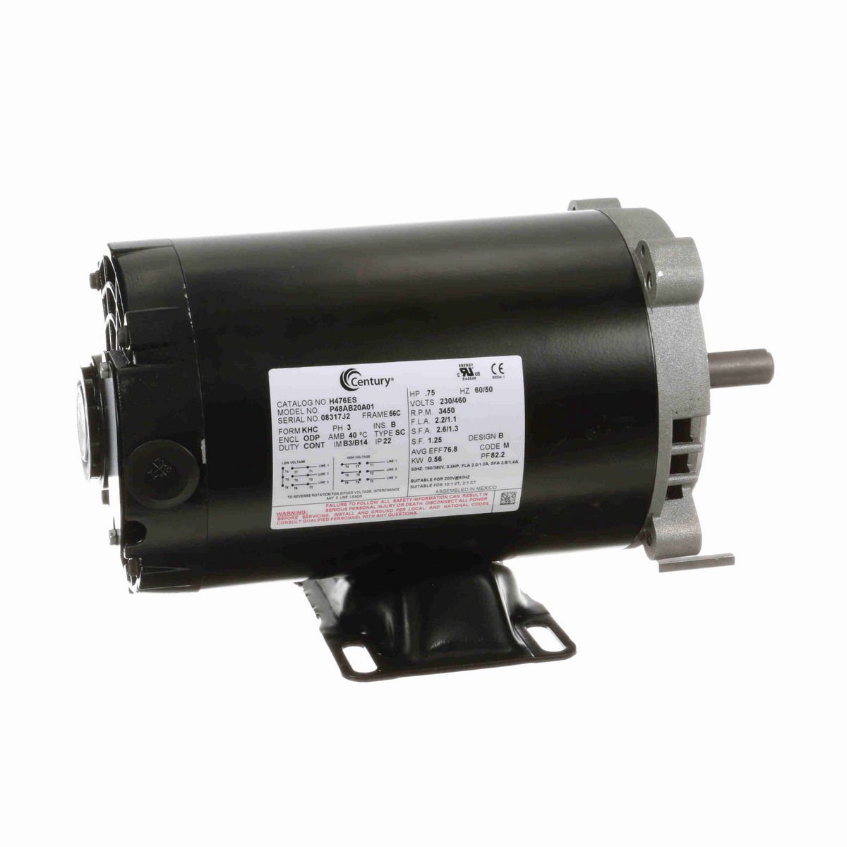 Century General Purpose Motor, .75 HP, 3 Ph, 60/50 Hz, 230/460 V, 3600 RPM, 56C Frame, ODP - H476ES