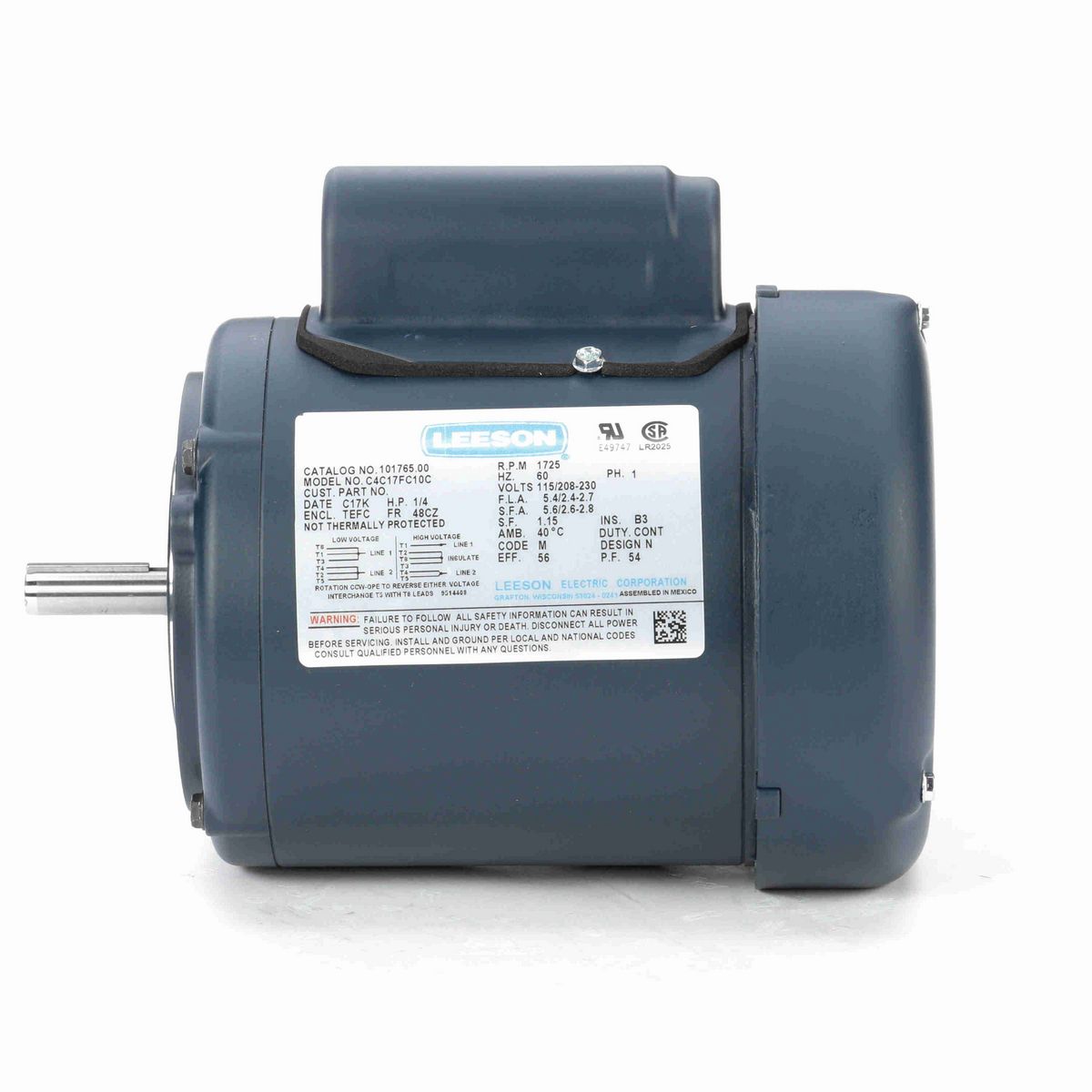 LEESON General Purpose Motor, 0.25 HP, 1 Ph, 60 Hz, 115/230 V, 1800 RPM, 48C Frame, TEFC - 101765.00