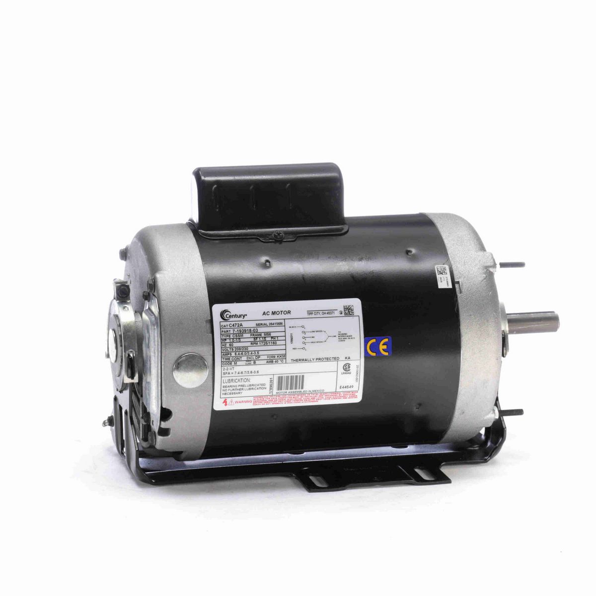 Century Fan and Blower Motor, 1.0-1/3 HP, 1 Ph, 60 Hz, 208/230 V, 1800 RPM, M56 Frame, DP - C472A
