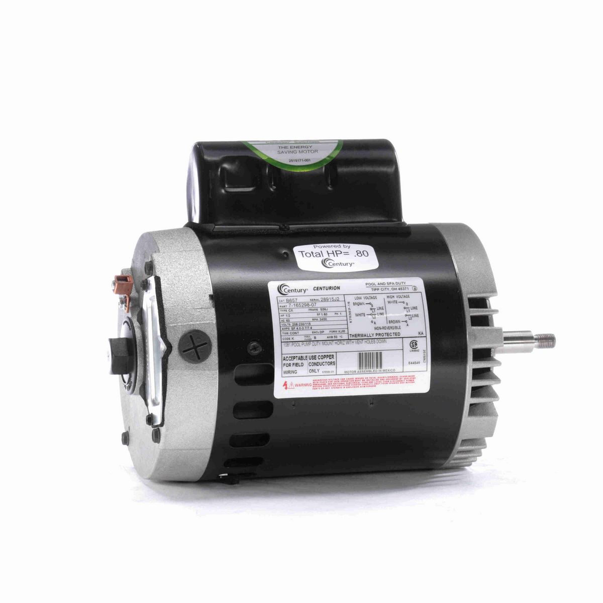 Century Pool Pump Motor, 1/2 HP, 1 Ph, 60 Hz, 208-230/115 V, 3600 RPM, S56J Frame, DP - B657