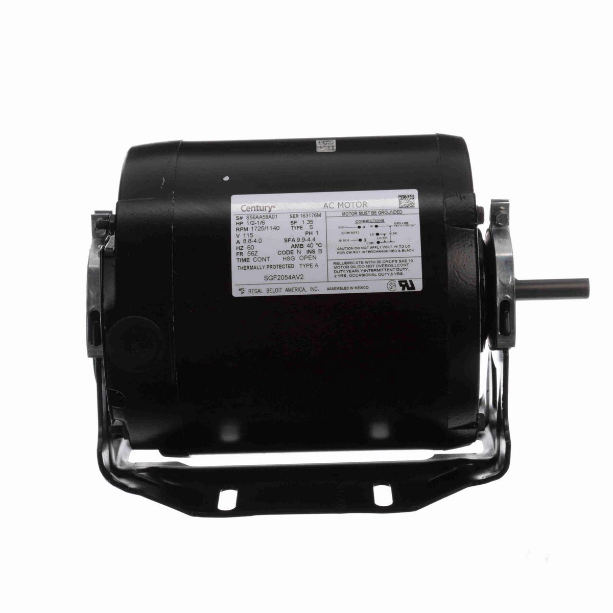 Century Fan and Blower Motor, 1/2-1/6 HP, 1 Ph, 60 Hz, 115 V, 1800 RPM, 56Z Frame, OPEN - SGF2054AV2
