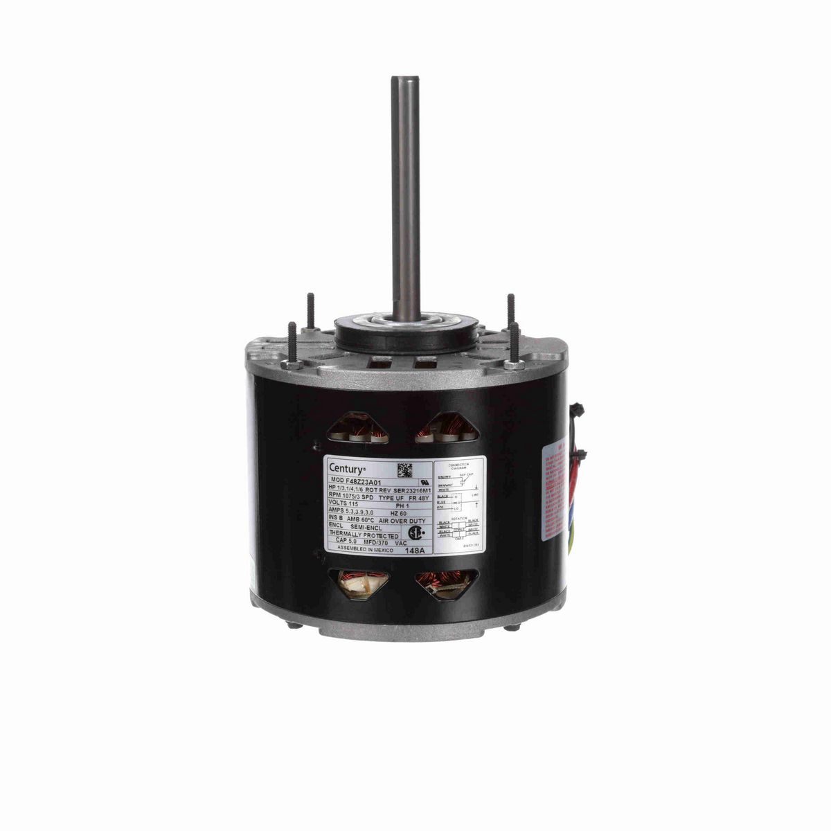Century Fan and Blower Motor, 1/3,1/4,1/6 HP, 1 Ph, 60 Hz, 115 V, 1075 RPM, 3 Speed, 48 Frame, SEMI ENCL - 148A