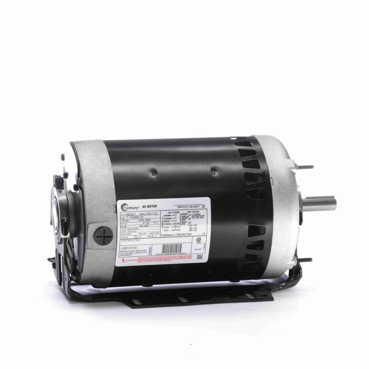 Century General Purpose Motor, 1.0 HP, 3 Ph, 60 Hz, 460/200-230 V, 3600 RPM, M56H Frame, DP - H842V1
