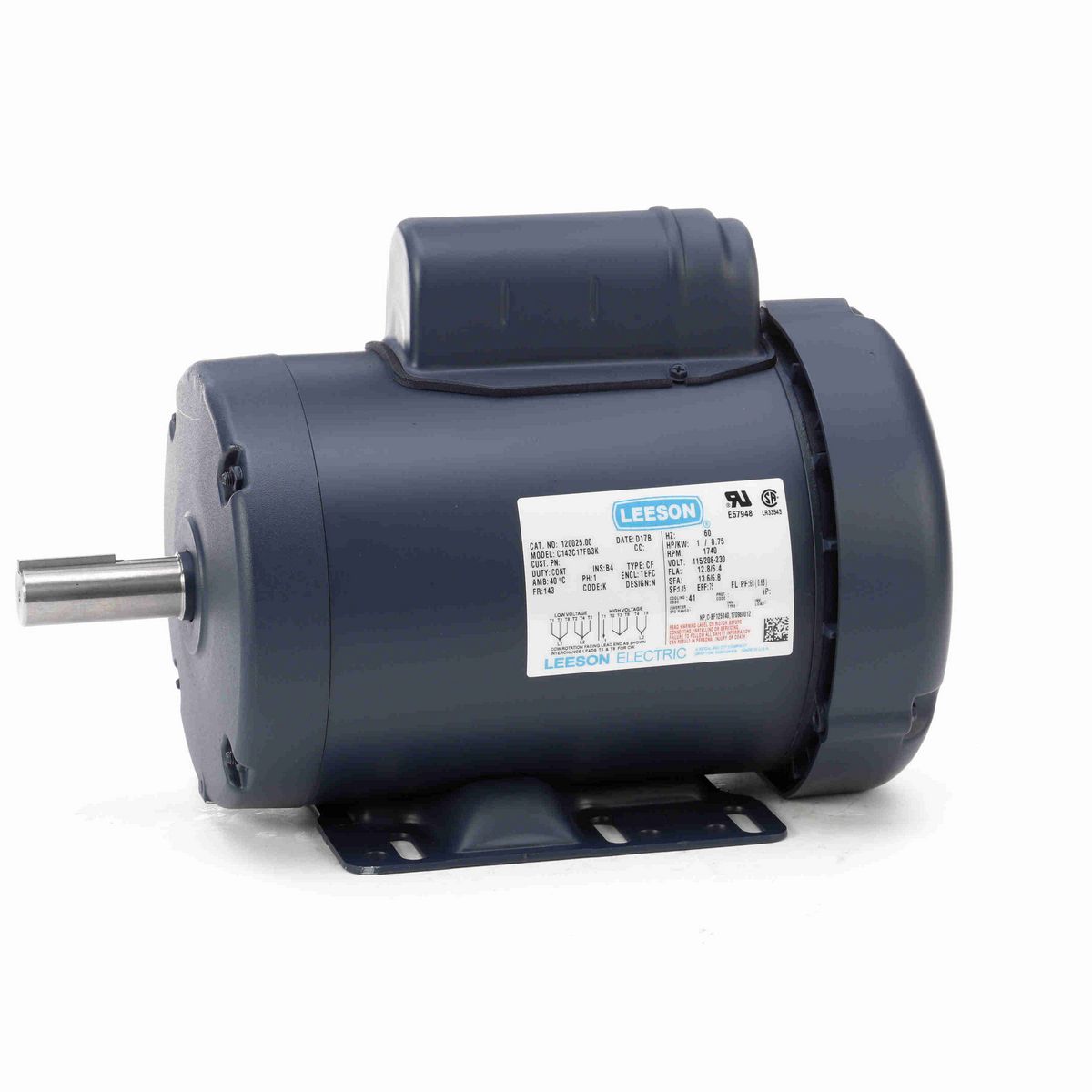 LEESON General Purpose Motor, 1 HP, 1 Ph, 60 Hz, 115/230 V, 1800 RPM, 143T Frame, TEFC - 120025.00