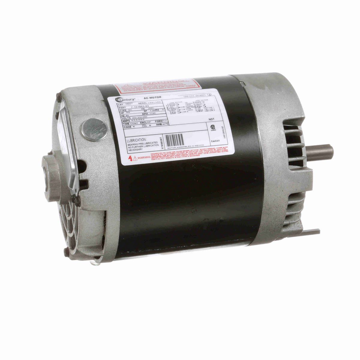 Century General Purpose Motor, 3/4 HP, 3 Ph, 60 Hz, 200-230/460 V, 1200 RPM, J56C Frame, DP - H027