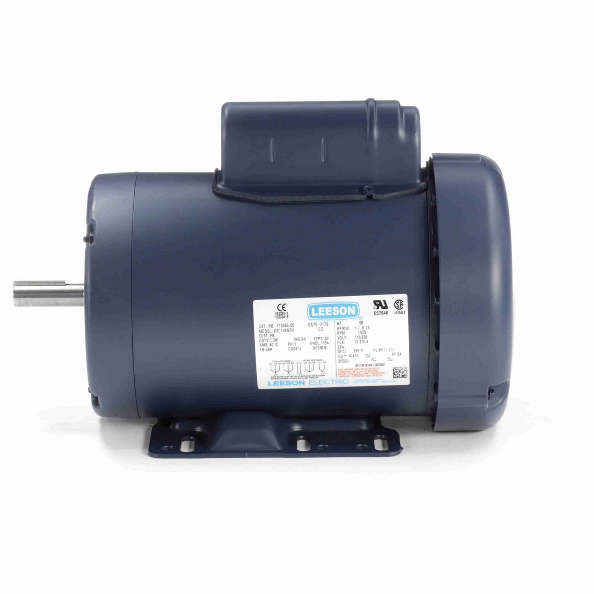 LEESON Special Voltage Motor, 1 HP, 1 Ph, 50 Hz, 110/220 V, 1500 RPM, 56H Frame, TEFC - 110066.00