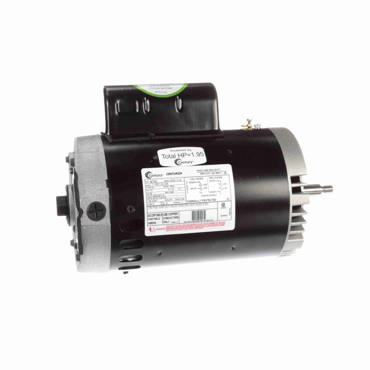 Century Pool Pump Motor, 1.5 HP, 1 Ph, 60 Hz, 208-230/115 V, 3600 RPM, P56J Frame, DP - B796