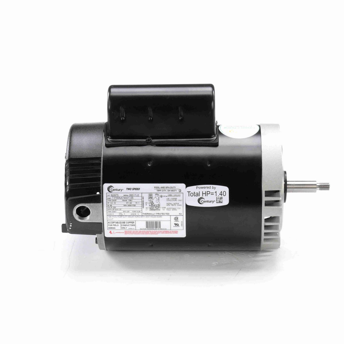 Century Pool Pump Motor, 1.0/ .12 HP, 1 Ph, 60 Hz, 230 V, 3600 RPM, Y56J Frame, DP - B2975