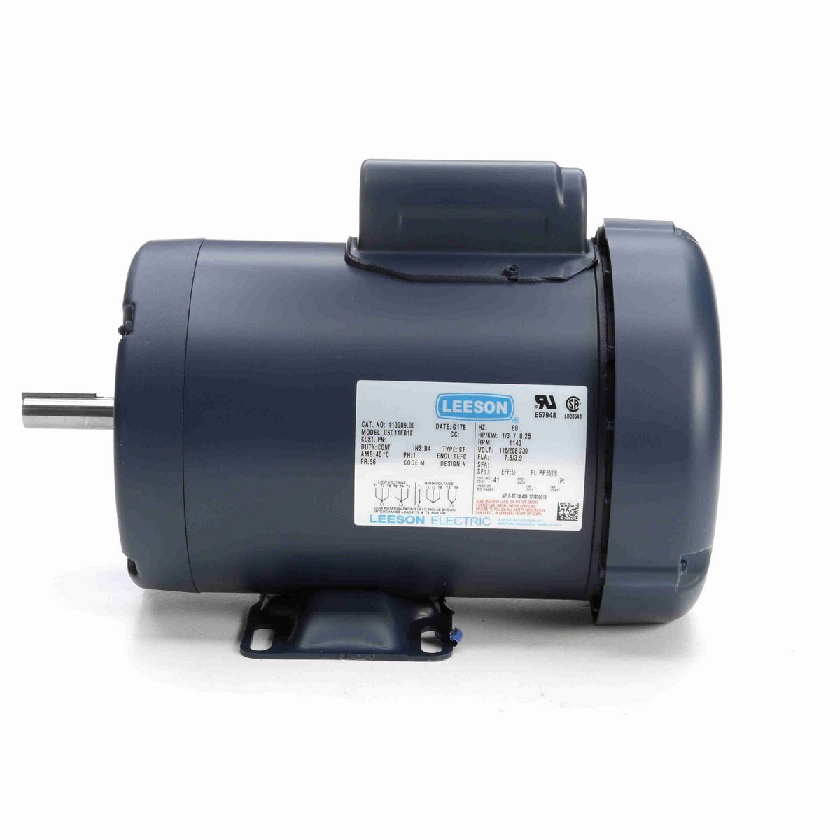 LEESON General Purpose Motor, 0.33 HP, 1 Ph, 60 Hz, 115/230 V, 1200 RPM, 56 Frame, TEFC - 110009.00