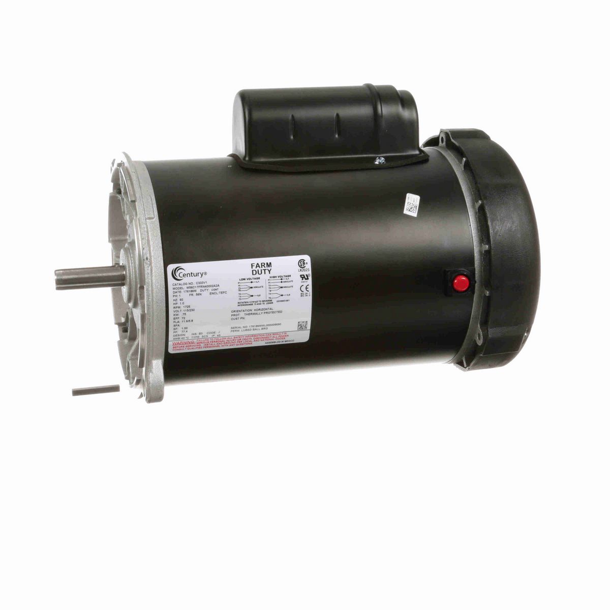 Century Auger Drive Motor, 1.0 HP, 1 Ph, 60 Hz, 115/230 V, 1800 RPM, 56N Frame, TEFC - C333V1