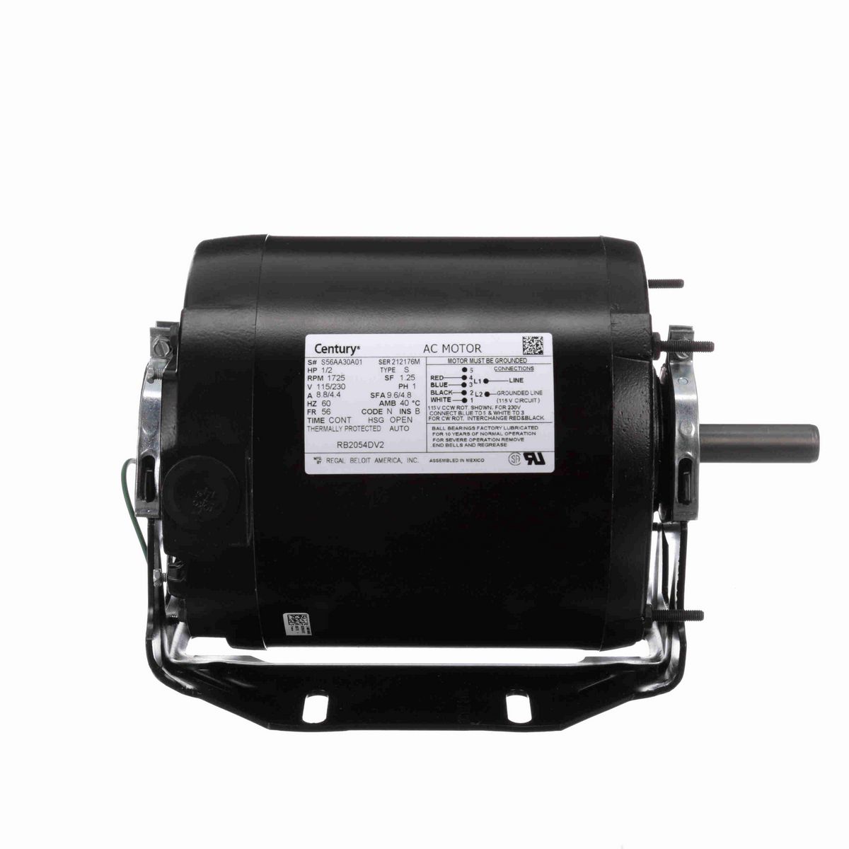 Century Fan and Blower Motor, 1/2 HP, 1 Ph, 60 Hz, 115/230 V, 1800 RPM, 56 Frame, OPEN - RB2054DV2