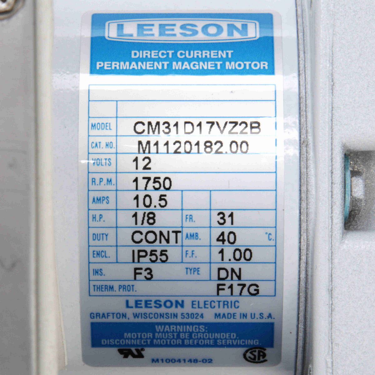 LEESON White Duck™ Sub-Fractional Motor, 0.13 HP, 12 V, 1750 RPM, 31 Frame, TENV - M1120182.00