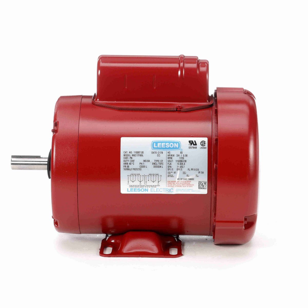 LEESON Agricultural Motor, 0.75 HP, 1 Ph, 60 Hz, 115/230 V, 1800 RPM, 56 Frame, TEFC - 110087.00