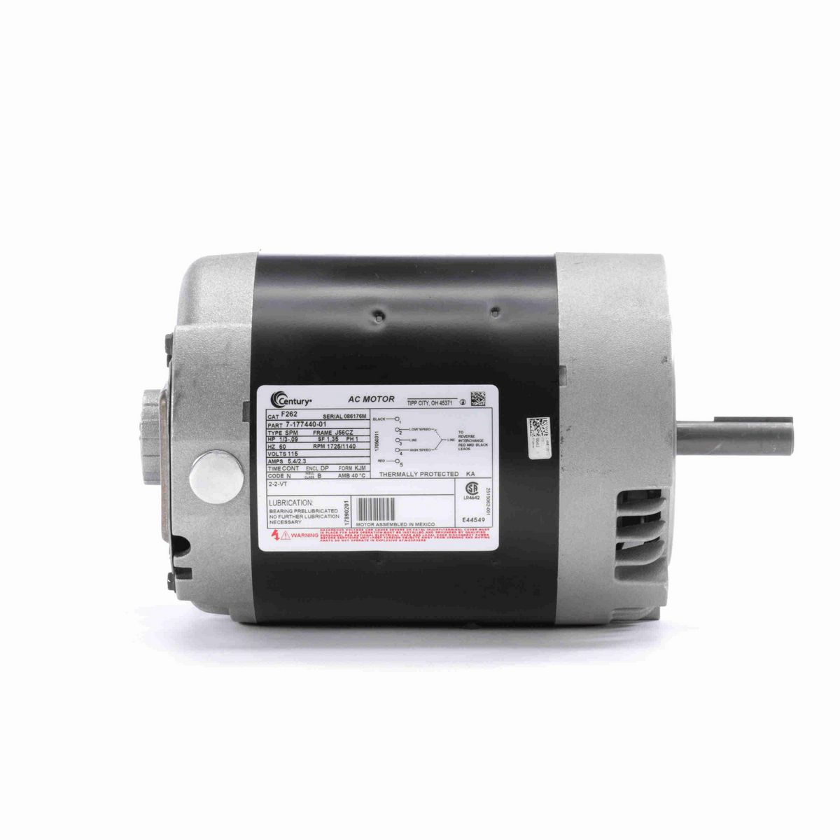 Century Ventilation Motor, 1/3-.09 HP, 1 Ph, 60 Hz, 115 V, 1800 RPM, J56CZ Frame, DP - F262