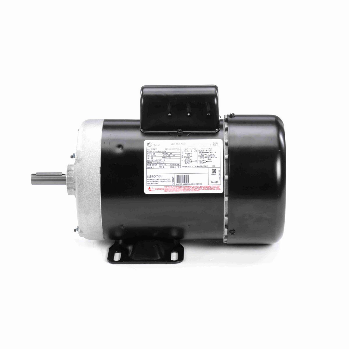Century General Purpose Motor, 1.000 HP, 1 Ph, 60 Hz, 208-230/115 V, 1800 RPM, L56 Frame, TEFC - C620