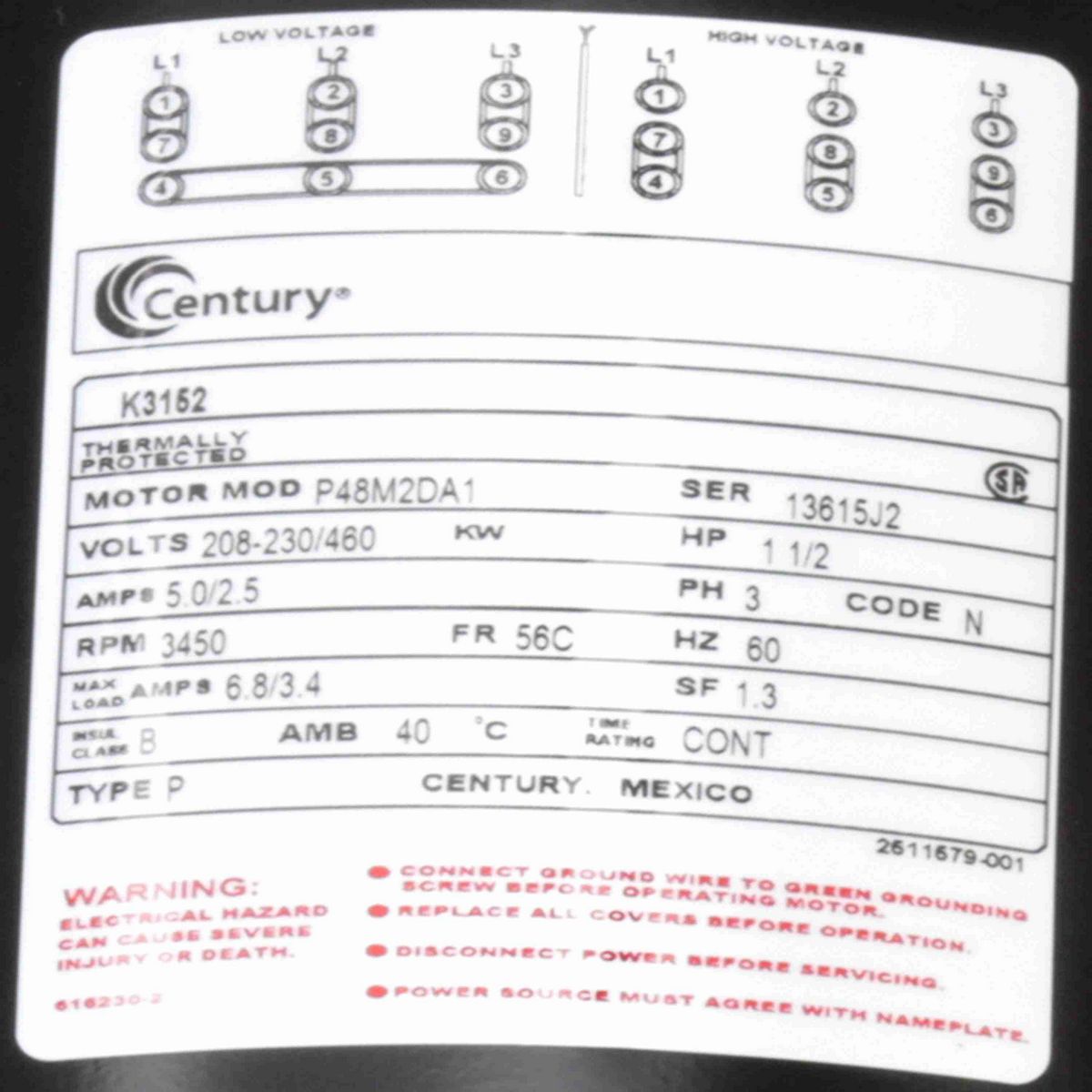 Century Pool Pump Motor, 1 1/2 HP, 3 Ph, 60 Hz, 208-230/460 V, 3600 RPM, 56C Frame, ODP - K3152