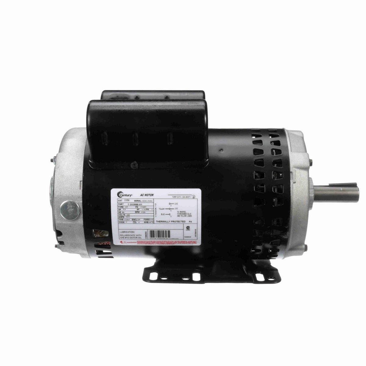 Century General Purpose Motor, 3.0 HP, 1 Ph, 60 Hz, 230 V, 1800 RPM, Y145T Frame, DP - C058