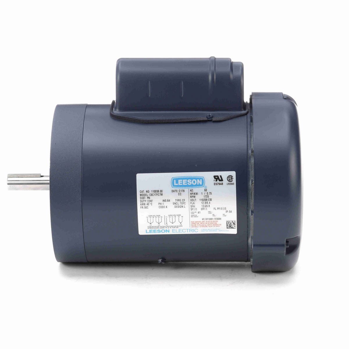 LEESON General Purpose Motor, 1 HP, 1 Ph, 60 Hz, 115/230 V, 1800 RPM, 56C Frame, TEFC - 110058.00