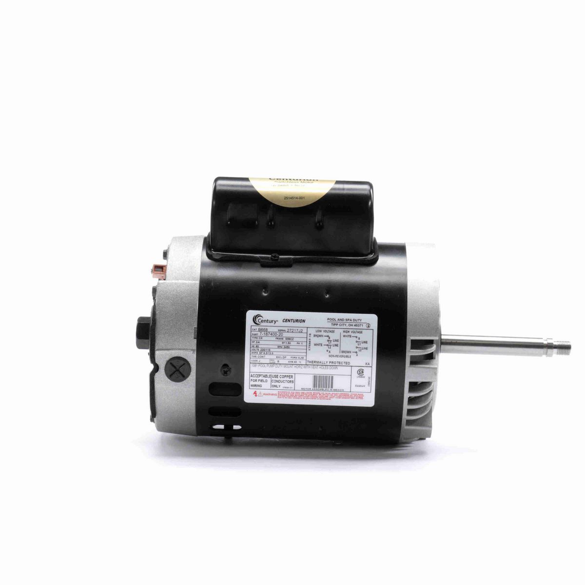 Century Pool Pump Motor, 3/4 HP, 1 Ph, 60 Hz, 230/115 V, 3600 RPM, S56CZ Frame, DP - B668